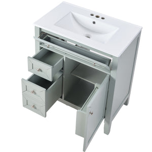 English Elm Solid Wood Bathroom Vanity Gray with Ceramic Undermount Sink, Triple Smart Storage, 70kg Load, Silent Slides W2896P318465
