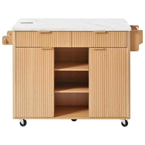 English Elm K&k Fluted Rolling Kitchen Island Faux Marble Top Power Outlet Drop Leaf Storage Natural N707S000019Y