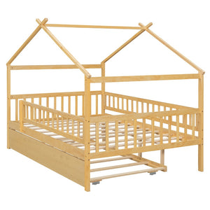 English Elm Full Size Pine House Bed with Roofline Frame and Roll Out Twin Trundle for Kids Natural LP100306AAN