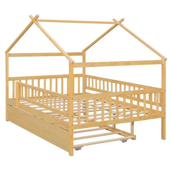 English Elm Full Size Pine House Bed with Roofline Frame and Roll Out Twin Trundle for Kids Natural LP100306AAN