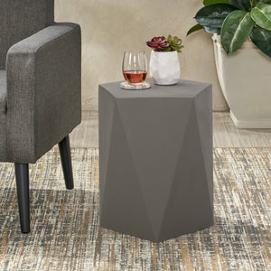 English Elm Christopher Knight Home® - APOLLO geometric concrete side table with gem-cut pentagon base, durable modern outdoor accent piece Light Gray 67525.00LGRY