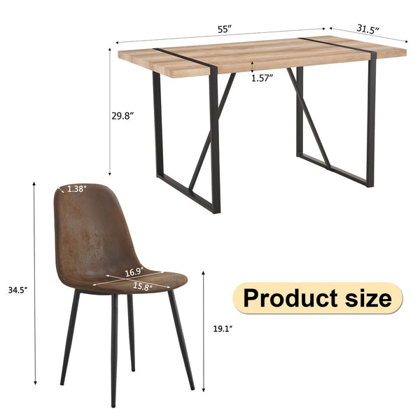 English Elm Table And Chair Set: Modern Medieval Dining Ensemble With 6 Ergonomic Brown Techno-Fabric Chairs W1151S04213-GIGA