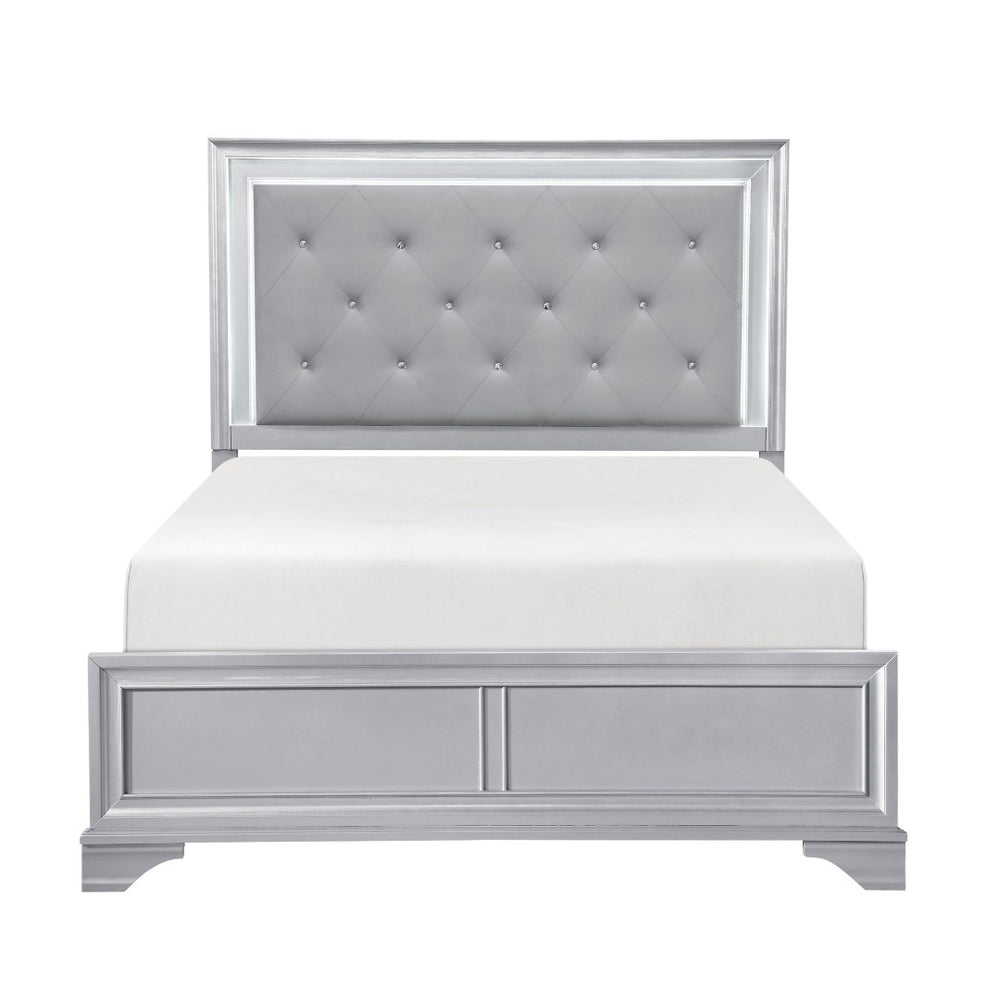 English Elm Silver Metallic Frame King Bed with Led Lighting and Tufted Knit Upholstered Headboard B011S02472