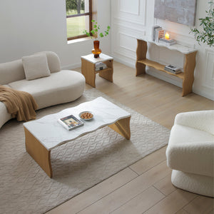 English Elm 47.24" Whisper Of Waves Modern Coffee Table - Sculptural Faux Marble Design With Warm Wood Base W2664P346444