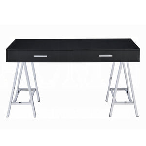 English Elm Black High Gloss Writing Desk With Chrome Accents – Modern 2-Drawer Home Office Centerpiece B062P209202