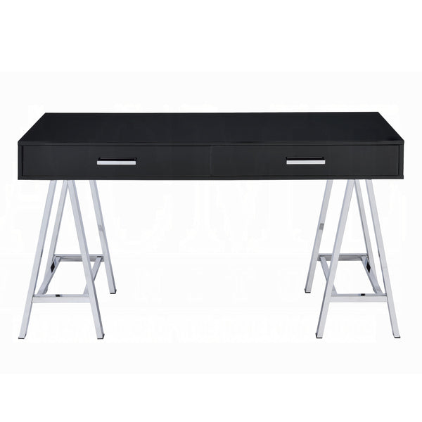 English Elm Black High Gloss Writing Desk With Chrome Accents – Modern 2-Drawer Home Office Centerpiece B062P209202