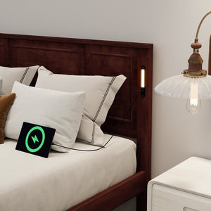English Elm Queen Pinewood Platform Bed Farmhouse Tall Panel Headboard with Led Lighting and Usb Ports Walnut W504P391092