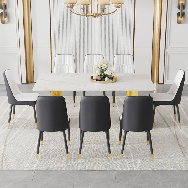 English Elm Table With Glass Top & Gold Accents, 8 Spliced Color Pu Chairs - Modern Dining Set For Any Space W1151S04358-GIGA