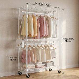 English Elm Heavy Duty Carbon Steel Rolling Garment Rack with Wire Shelving Dual Rods and Side Hooks White W5386P480951