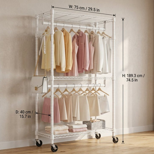 English Elm Heavy Duty Carbon Steel Rolling Garment Rack with Wire Shelving Dual Rods and Side Hooks White W5386P480951