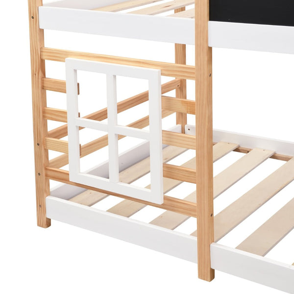 English Elm Twin Over Solid Pine House Bunk Bed with Blackboard Storage Staircase W495S00012