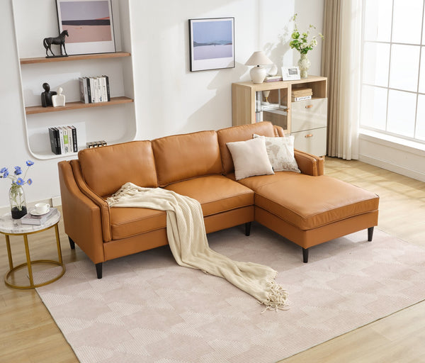 English Elm 94.5-Inch L-Shaped Genuine Leather Sectional Sofa With Right Chaise Lounge - Modern Tan Comfort W791S00021