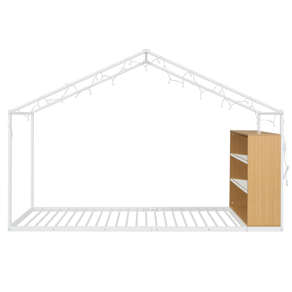 English Elm Twin House Bed Frame with Shelves & Built-In Lights, Metal-Wood Design for Creative Kids' Rooms White N737P176708K