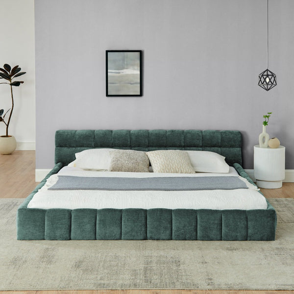 English Elm King Platform Bed Fully Upholstered in Plush Chenille with Low Profile Modern Frame Blue+Green W487S00466