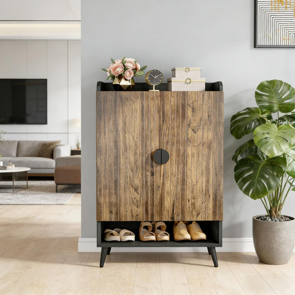 English Elm Rustic Seven Tier Shoe Cabinet with Swing Doors Adjustable Entryway Organizer Black,Rustic Brown T3971P448681