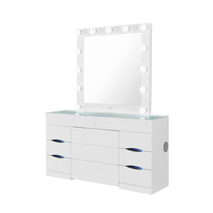 English Elm ELISA Glam LED Vanity Table with Glass Top, Built-In Speakers, Storage Stool and Mirror Lighting White 30.75 L x 19.69 W x 28.86 H B201S00353