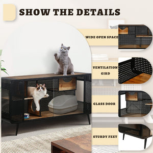 English Elm 55.12 Inch Fir Wood Iron Frame Cat Enclosure with Tempered Glass Doors for Home W757119335