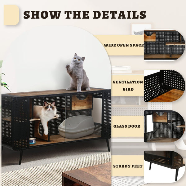 English Elm 55.12 Inch Fir Wood Iron Frame Cat Enclosure with Tempered Glass Doors for Home W757119335