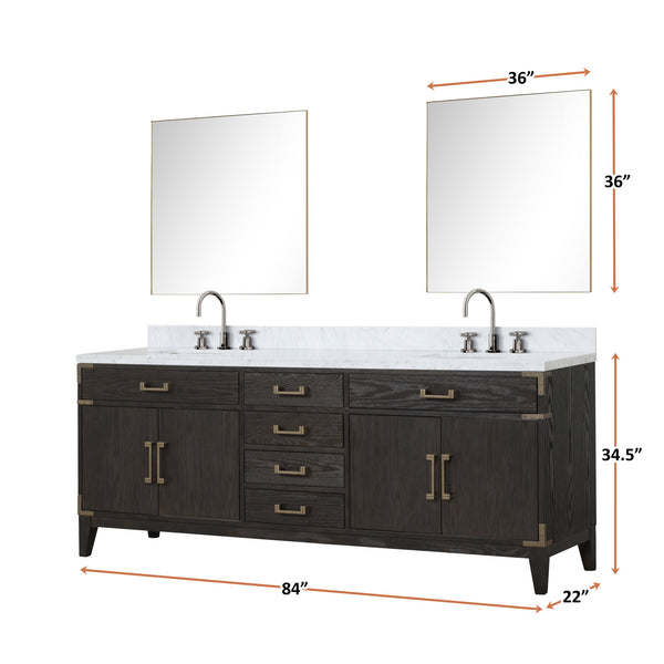 English Elm Brown Oak Double Bath Vanity Set With Carrara Marble Top, Chrome Faucets & 36" Mirrors - Elevate Style! B2731S01878