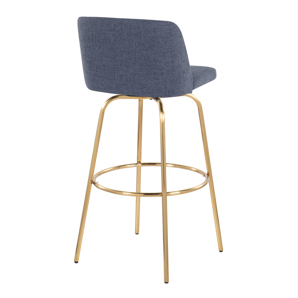 English Elm Toriano 30" Contemporary Barstool Set of 2 — Blue Fabric Swivel Seat, Gold Metal Base & Round Footrest B202S00654