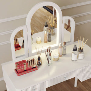 English Elm AGODY Mirrored Vanity with LED Light and Solid Rubber Wood Frame, Skin-Friendly PU Seat for Bedroom Antique White W2170P208420