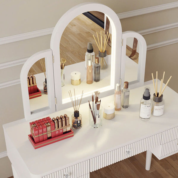 English Elm AGODY Mirrored Vanity with LED Light and Solid Rubber Wood Frame, Skin-Friendly PU Seat for Bedroom Antique White W2170P208420