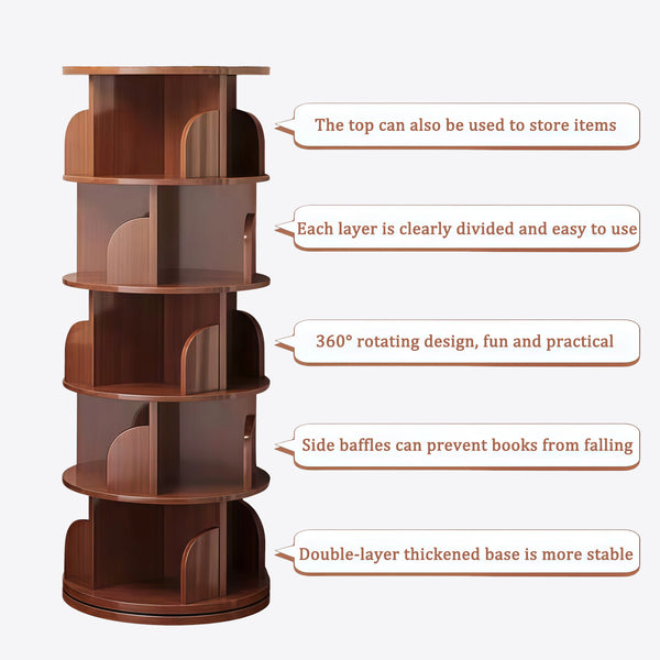 English Elm 5 Tier Rotating Bookshelf Tower with 360° Spin, Space-Saving Corner Display, Modern MDF Storage Unit Walnut W3204P355670