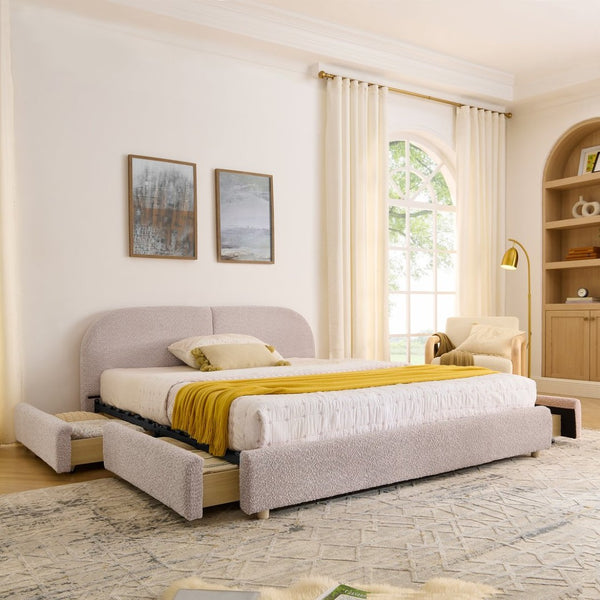English Elm Queen Platform Bed Curved Headboard Circle Yarn Fabric with Four Wheeled Storage Drawers Pink W487S00480