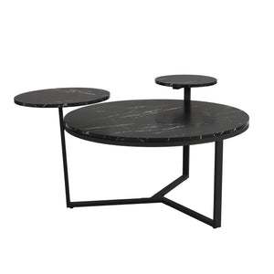 English Elm Modern round coffee table with black faux marble top, tripod metal base and two display shelves, sleek storage flair N735P177472B