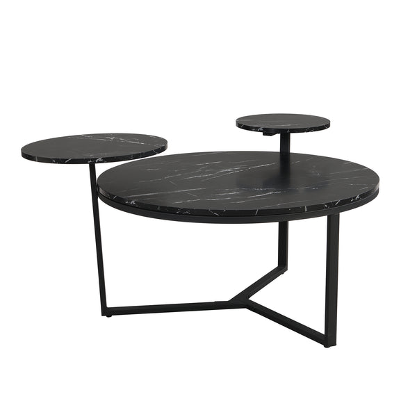 English Elm Modern round coffee table with black faux marble top, tripod metal base and two display shelves, sleek storage flair N735P177472B