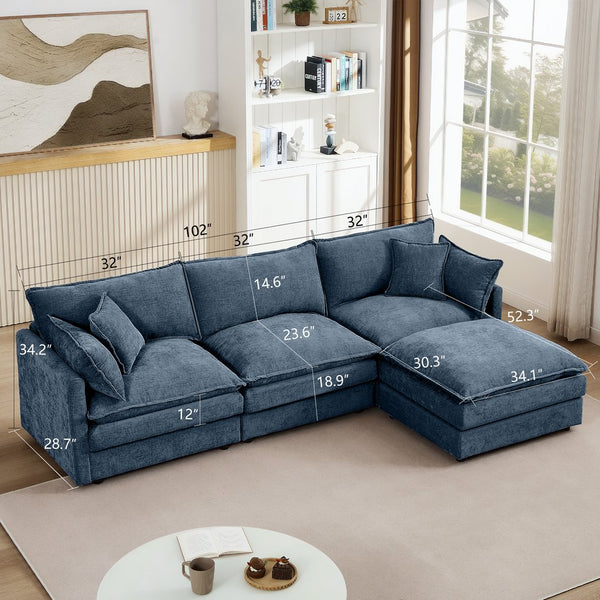 English Elm Modular Sectional Sofa - 102" L-Shaped Blue Chenille Couch With Movable Ottoman For Custom Comfort W1359S00004
