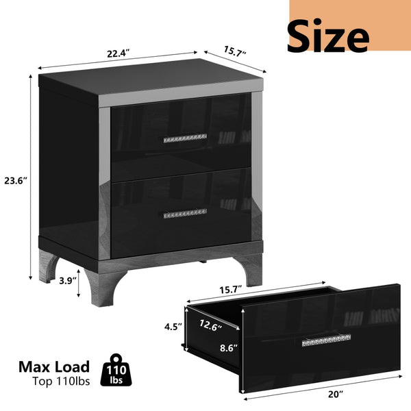 English Elm High Gloss Mirrored 2 Drawer Nightstand Slim Metal Legs Modern Bedroom Side Table Black W5271P416537