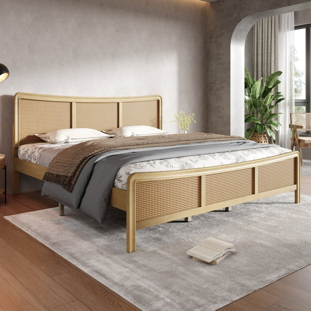 English Elm Curved Rattan King Bed Solid Wood Frame Antique White Bohemian Bedroom Design N758P390778N