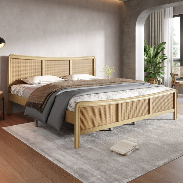English Elm Curved Rattan King Bed Solid Wood Frame Antique White Bohemian Bedroom Design N758P390778N