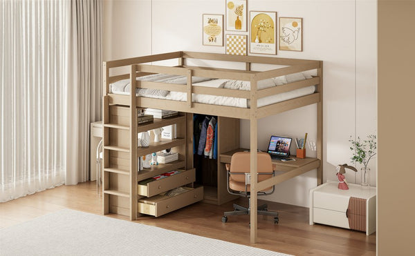 English Elm Wood Full Size Loft Bed with Built-In Desk, Wardrobe, Shelves & Drawers for Space-Saving Rooms Walnut GX000466AAD