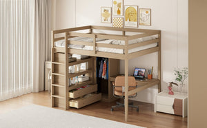 English Elm Wood Full Loft Bed with Integrated Wardrobe Desk Shelving and Drawers for Teen Rooms Walnut GX000466AAD-1