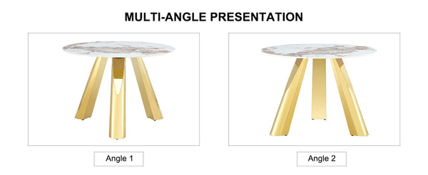 English Elm Table Set - 42-Inch Round White Imitation Marble Top With 4 Ergonomic Dining Chairs & Gold Legs W2920S00049-GIGA