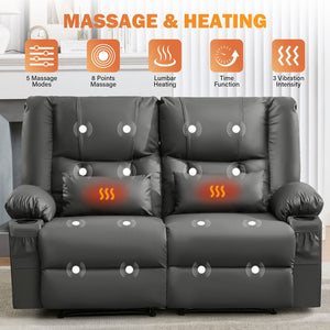 English Elm Recliner Loveseat with Massage Heat Pu Leather Dual Seating and Usb Charging Ports Grey W1521S00081