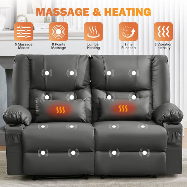 English Elm Recliner Loveseat with Massage Heat Pu Leather Dual Seating and Usb Charging Ports Grey W1521S00081