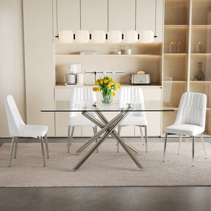 English Elm Table Set - Modern Luxurious Transparent Glass Dining Table With 4 White Pu Chairs & Silver Legs W1151S04192-GIGA