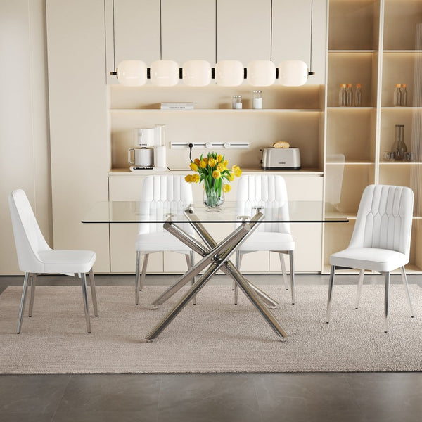 English Elm Table Set - Modern Luxurious Transparent Glass Dining Table With 4 White Pu Chairs & Silver Legs W1151S04192-GIGA