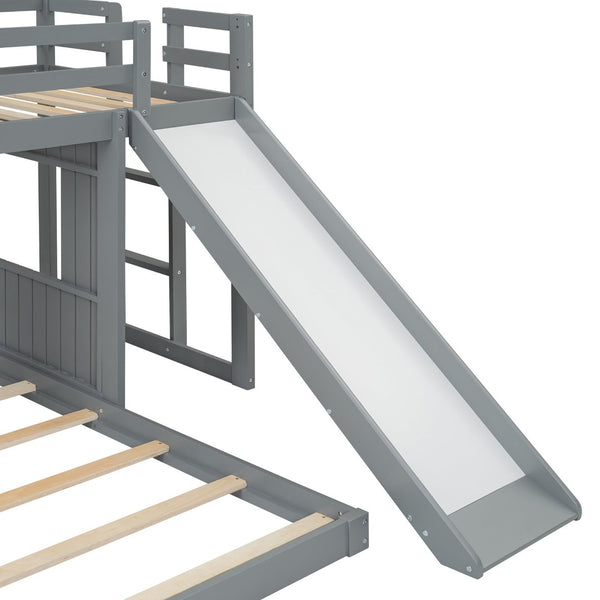 English Elm Wooden Twin Over Full Bunk Bed Farmhouse Playhouse Slide Pinewood Kids Loft Gray LT000328AAN