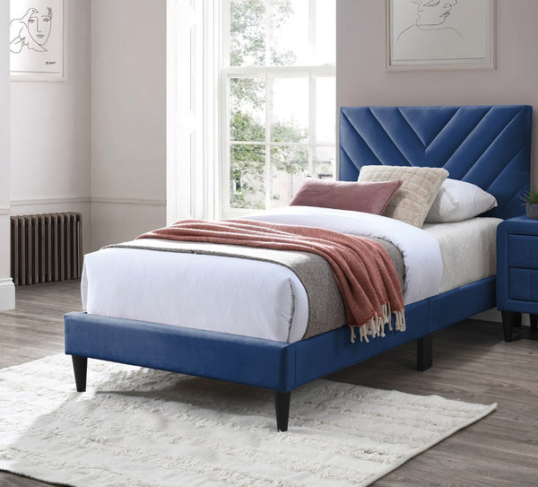 English Elm 1pc Twin Platform Bed Velvet Upholstered Adjustable Headboard V-stitch Blush Bedroom Navy Blue B011P415212