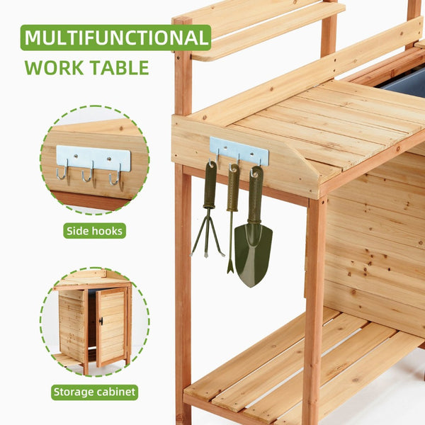English Elm Outdoor Solid Wood Potting Bench with Built-in Sink Sliding Top and Garden Storage W2640P236086