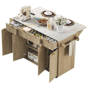 English Elm K&k Fluted Rolling Kitchen Island Faux Marble Top Power Outlet Storage Drawers Natural N707P353945Y