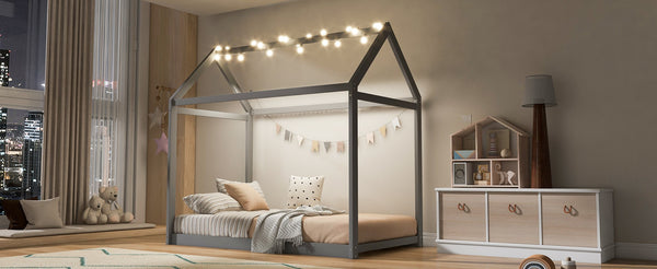 English Elm Twin House Bed Pine Wood Frame with Peaked Roofline Low Profile Kids Bedroom WF197557AAE