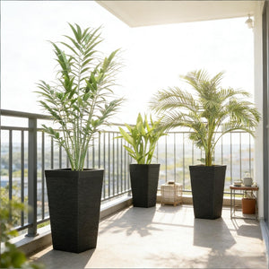 English Elm Modern Faux Stone Tapered Outdoor Planters Set of Three with Rolling Wheels Patio Ready T3971P459659