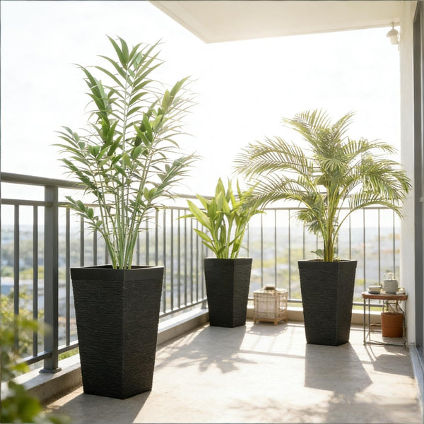 English Elm Modern Faux Stone Tapered Outdoor Planters Set of Three with Rolling Wheels Patio Ready T3971P459659