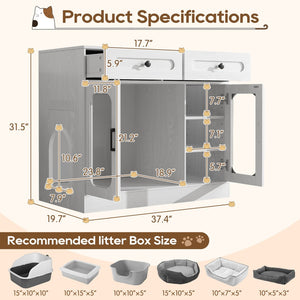 English Elm Cat Litter Box Cabinet with Glass Doors Led Light Drawers and Wood Grain Finish White N704P395520K