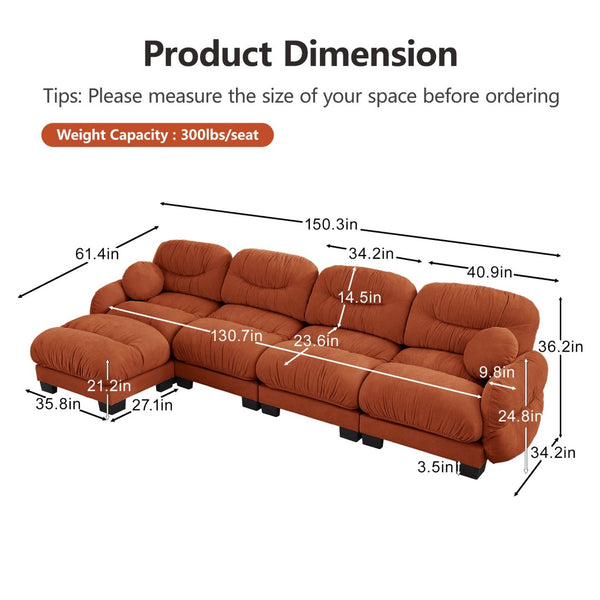English Elm Pleated Chenille Sectional Sofa with Ottoman Ergonomic Foam Curved Armrests Living Room Orange W5656S00071